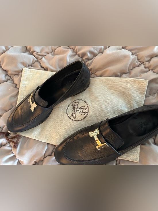 Hermes Other - Hermes Black Leather Men's Loafers with Gold H Buckle